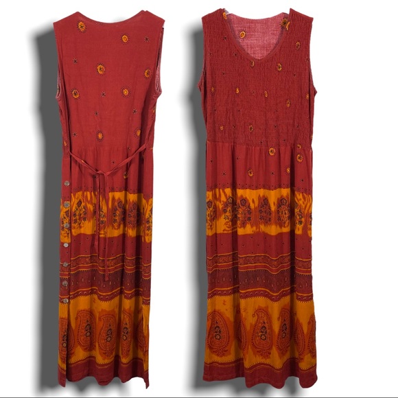 Indie womens maxi dress warm tones tie back ruched bodice side buttons Large - Picture 2 of 4